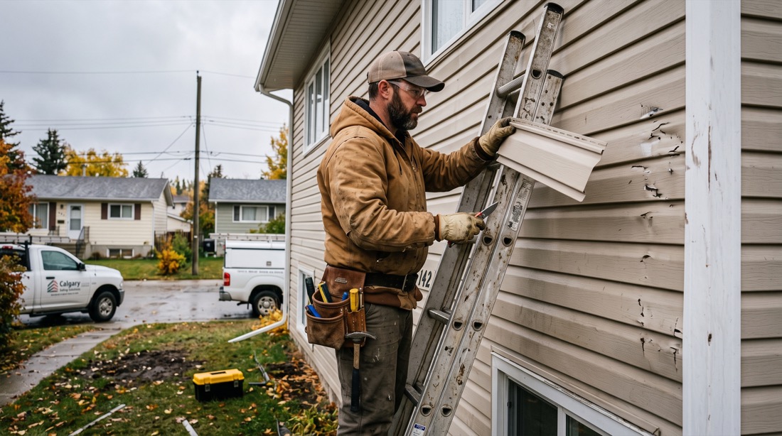 Contractor repairing hail-damaged siding on a Calgary home