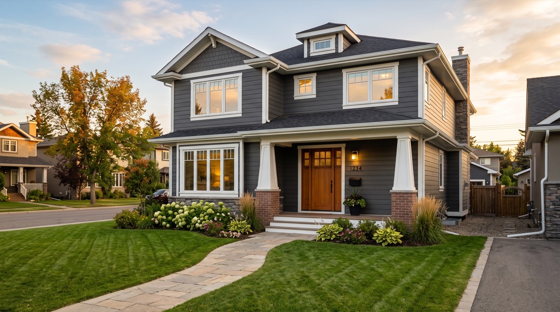 Calgary home with charcoal James Hardie fiber cement siding, new soffit and fascia