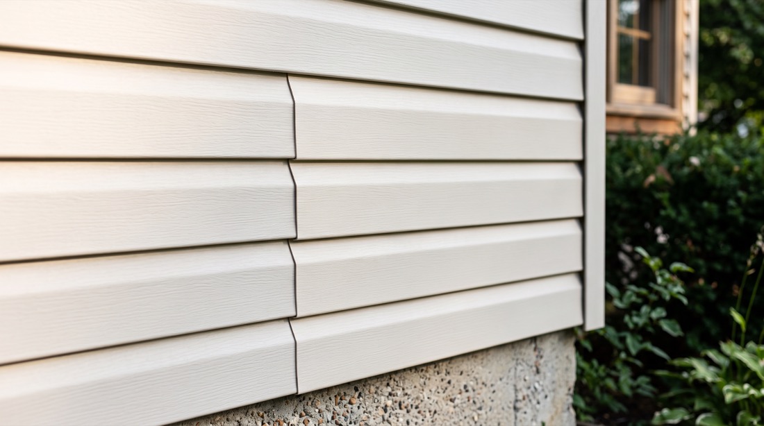 Close-up of a seamless colour-matched vinyl lap siding repair